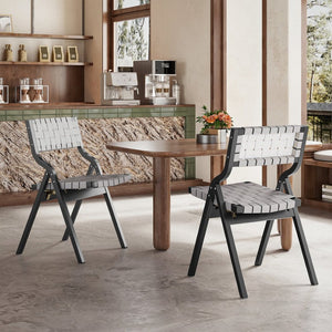 English Elm Wood Folding Dining Chairs Woven Rattan Seat Webbing Back Teak Finish Set of 2 T3623P431374