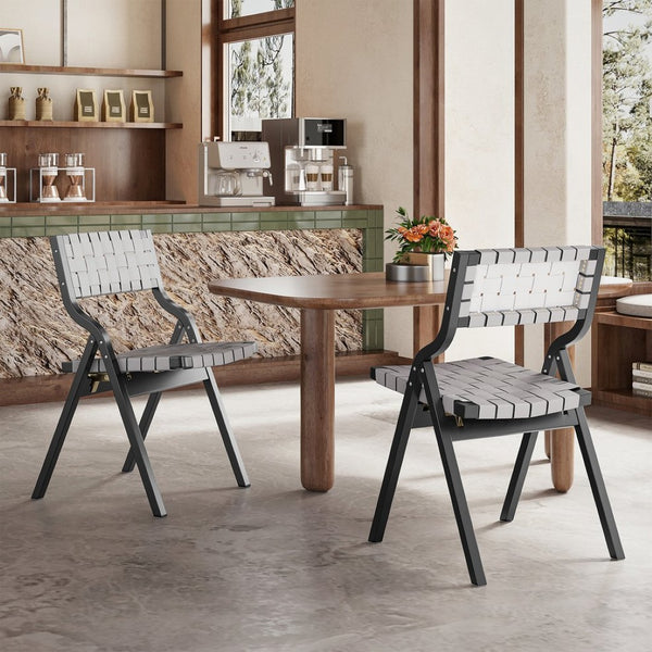 English Elm Wood Folding Dining Chairs Woven Rattan Seat Webbing Back Teak Finish Set of 2 T3623P431374