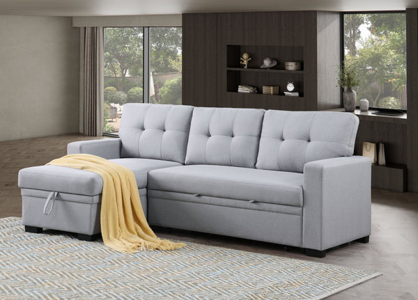 English Elm Tufted Linen Sectional Sleeper Sofa with Storage Ottoman and Reversible Chaise Gray B2730S00052
