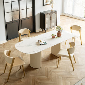English Elm Carbon Steel Dining Table with Stone Top and Matte Black Frame for Modern Rooms W1002S00010