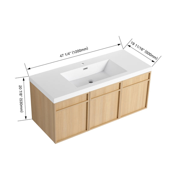 English Elm 48" 54.3" Wall-Mounted Bathroom Vanity with Resin Sink, Original Oak Finish, 3 Soft-Closing Doors, Plywood Construction W1972P315216