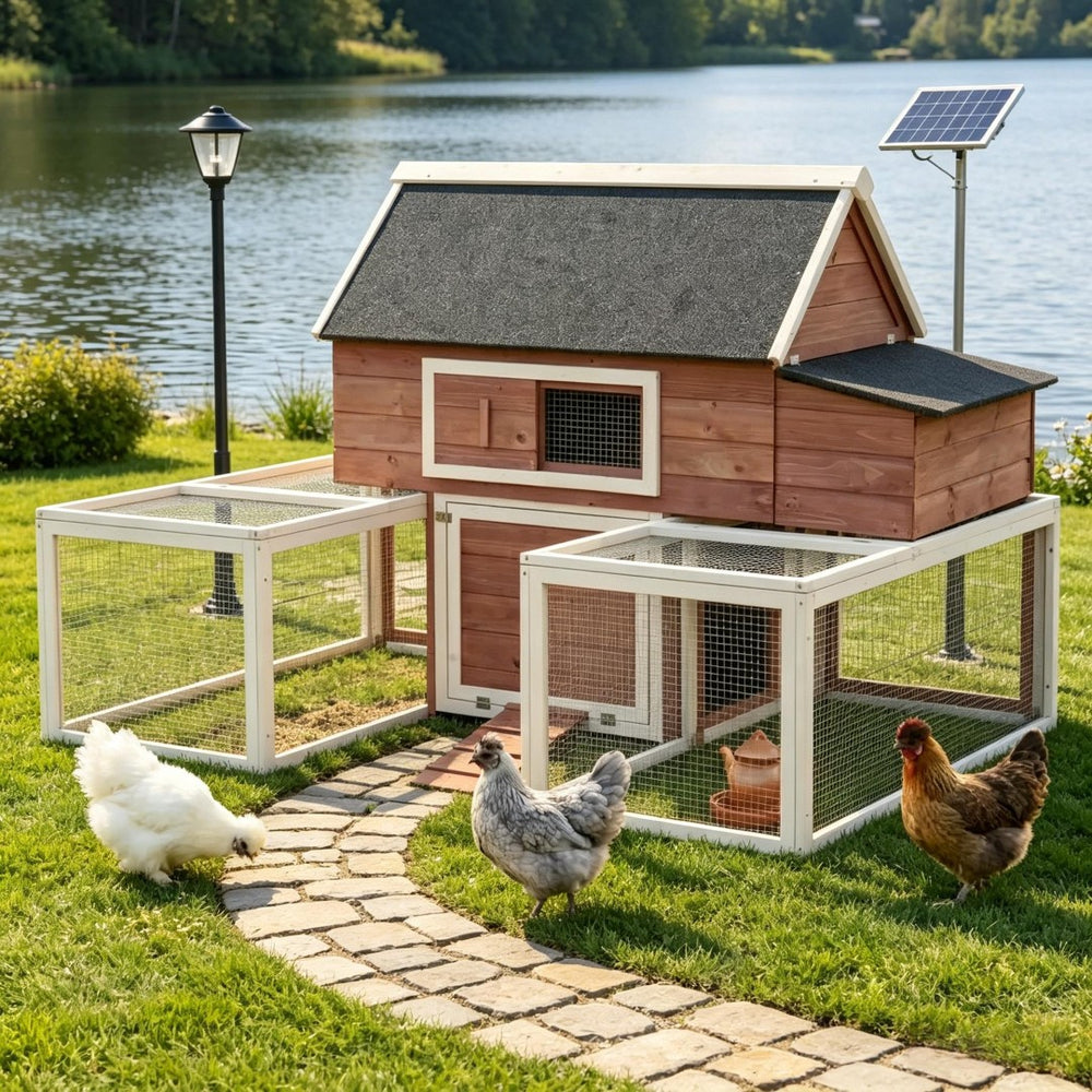 English Elm Wooden Fir Backyard Hen House with Dual Runs Nesting Box and Three Layout Options T3971S00227