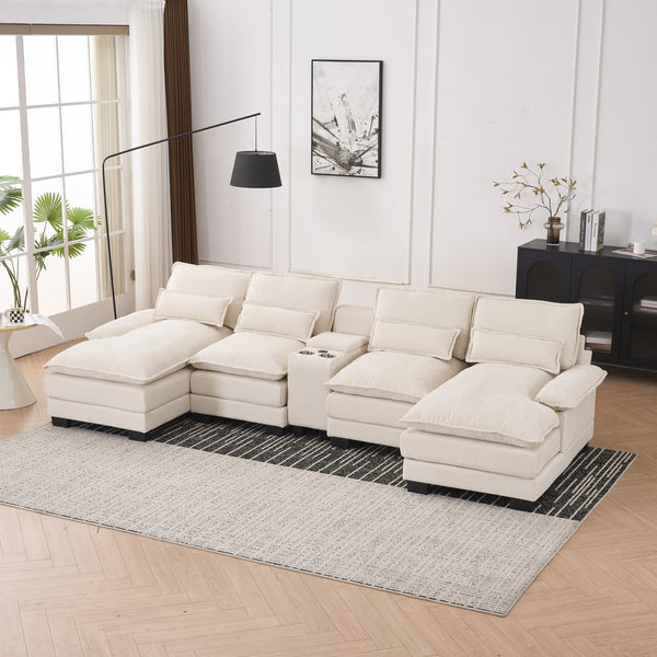 English Elm Modern U-shaped sofa with console, cupholders & USB ports — 6-seat sleeper with double chaise, chenille comfort W3401S00001