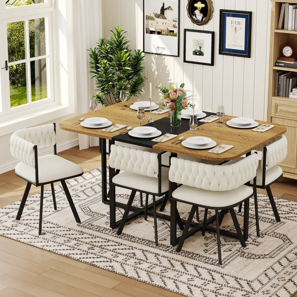 English Elm 7-piece Dining Set Tufted Velvet Chairs Melamine Table Modern Farmhouse Kitchen Beige,Black,Wood W3875S00113