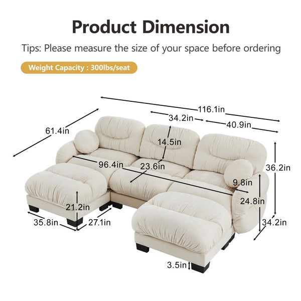 English Elm Pleated Chenille U-shape Sectional Sofa with Ottomans Ergonomic Foam Curved Armrests Beige W5656S00042