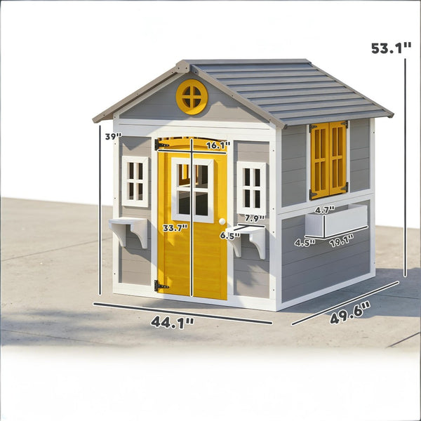 English Elm Backyard Fir Wood Kids Playhouse with Plant Boxes Retro Windows and Rain Resistant Roof T3971P491823