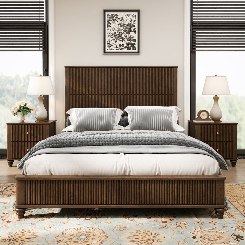 English Elm 3-piece Queen Bedroom Set Fluted Panel Rubberwood Bed with Dual Drawer Nightstands Walnut Brown W5819S00012