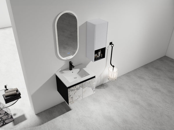 English Elm 24" Wall-Mounted Bathroom Vanity Set With Soft Close Doors, Ceramic Sink, And Side Cabinet Storage W999S00330