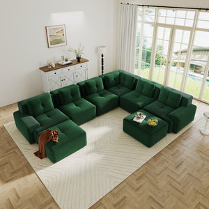 English Elm Modular Corduroy Sectional Sofa 6 Seat V Shaped Corner Couch with Ottomans Living Room Green W714S01584