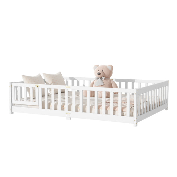 English Elm Full Size Floor Bed With Safety Guardrails & Convenient Door, Eco-Friendly Rubberwood Design In White W504P286379