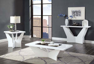 English Elm White glossy end table with geometric base and black tempered glass insert for modern statement decor White 52 L x 32 W x 5 H B2741P362596