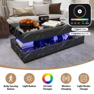 English Elm Coffee Table with Led Lighting Bluetooth Speaker Wireless Charging and Faux Marble Top T3773P415728
