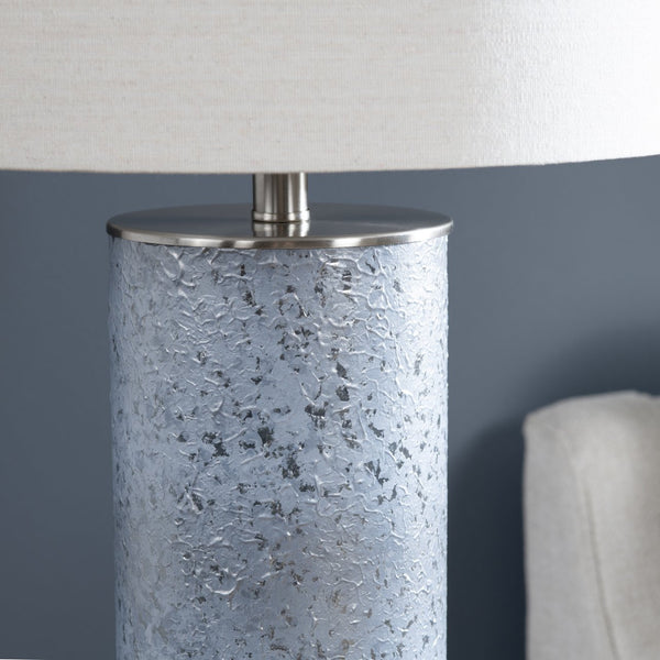 Crestview Collection Transitional Cylinder Table Lamp - Elegant Blue Glass, Oatmeal Linen Shade, Perfect For Any Space   Cvabs2222
