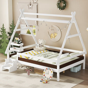 English Elm Twin House Shaped Platform Bed Solid Pine Frame with Built in Stairs for Kids Light White W1580P354720