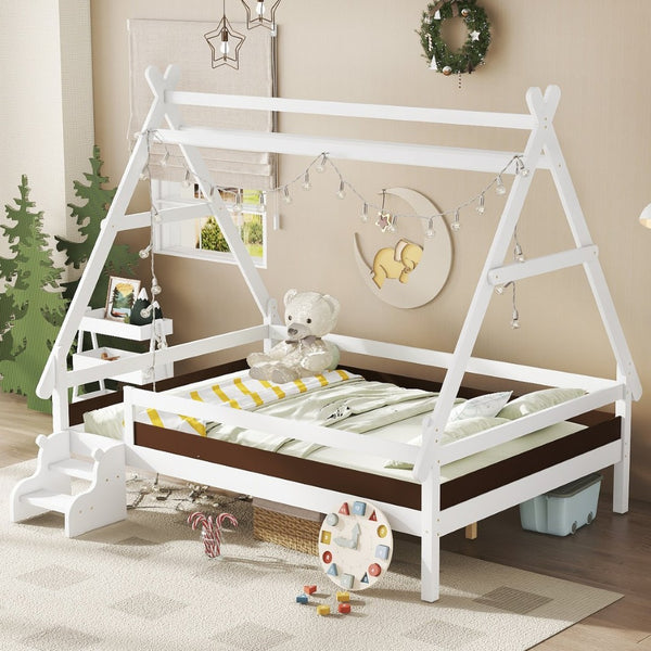 English Elm Twin House Shaped Platform Bed Solid Pine Frame with Built in Stairs for Kids Light White W1580P354720