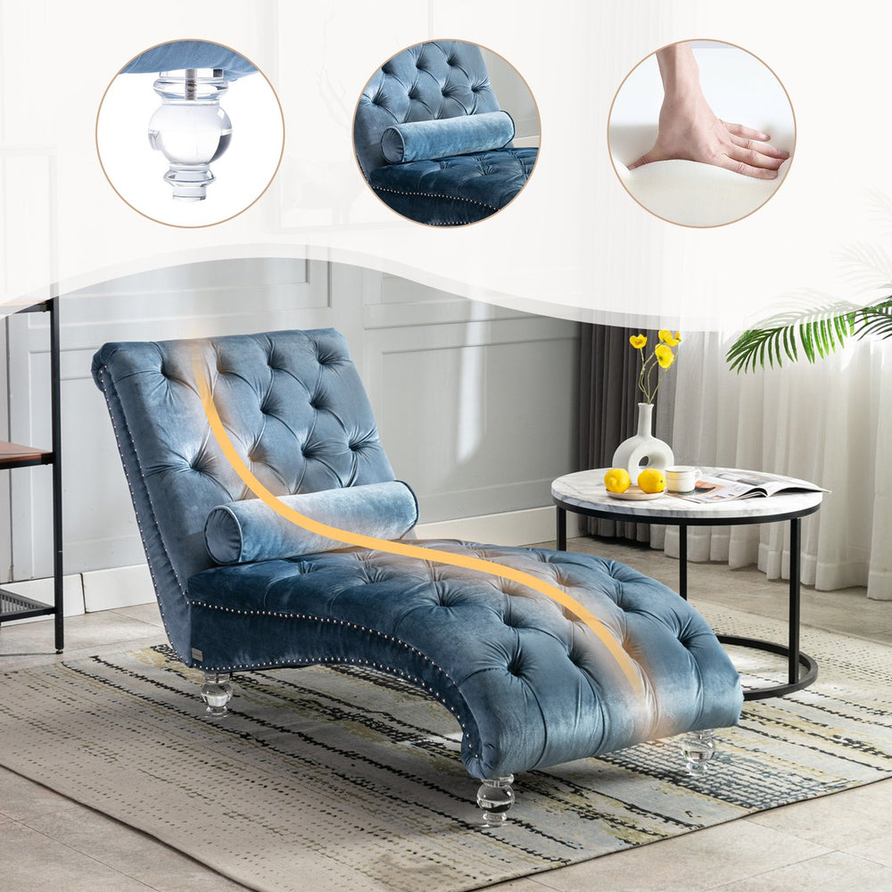 English Elm Velvet Curved Chaise Lounge Sofa with Button-Tufted Upholstery, Plush Foam Seat and Acrylic Legs Light Blue W39538684