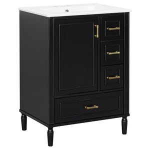 English Elm 24" Olive Bathroom Vanity Solid Wood Frame Ceramic Sink Gold Hardware Soft Close Black N729P373272B