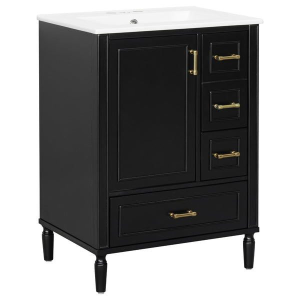 English Elm 24" Olive Bathroom Vanity Solid Wood Frame Ceramic Sink Gold Hardware Soft Close Black N729P373272B