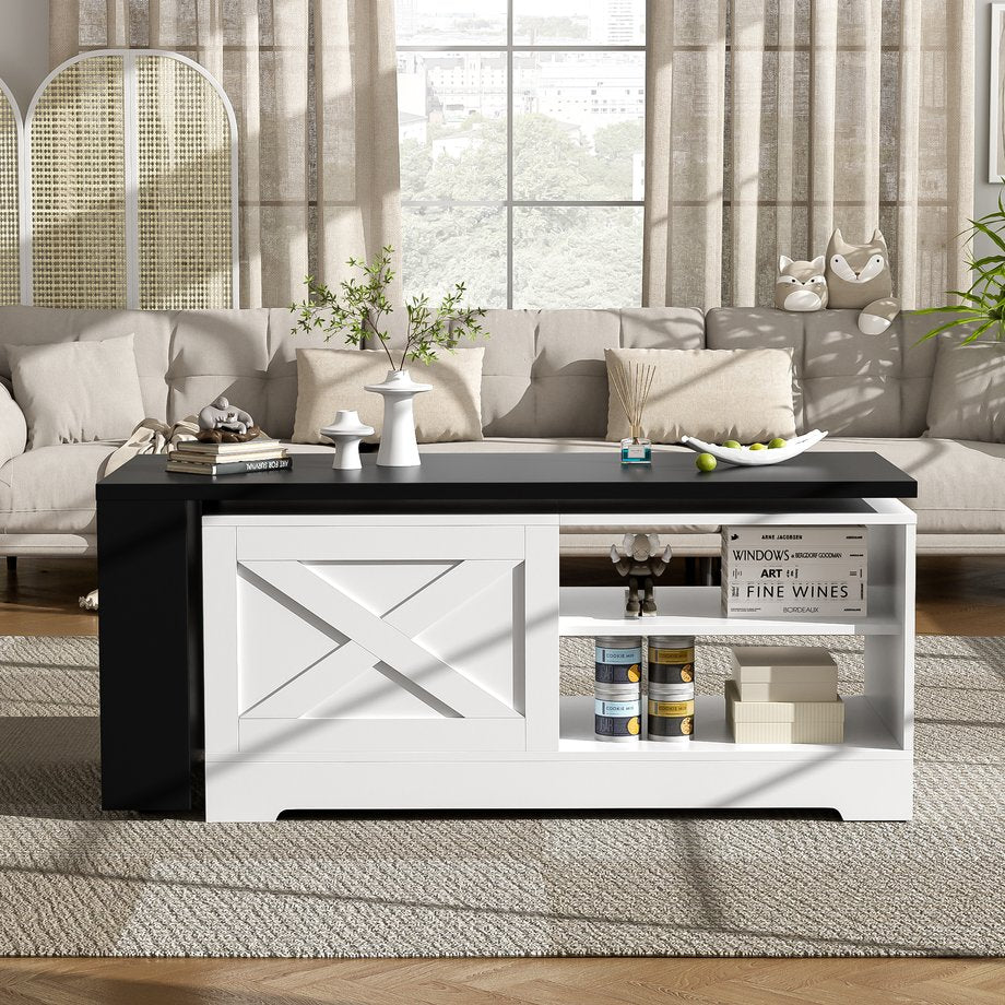 English Elm U-can Farmhouse Lift Top Coffee Table Barn Door Hidden Storage Living Room White+Black N724P351732K