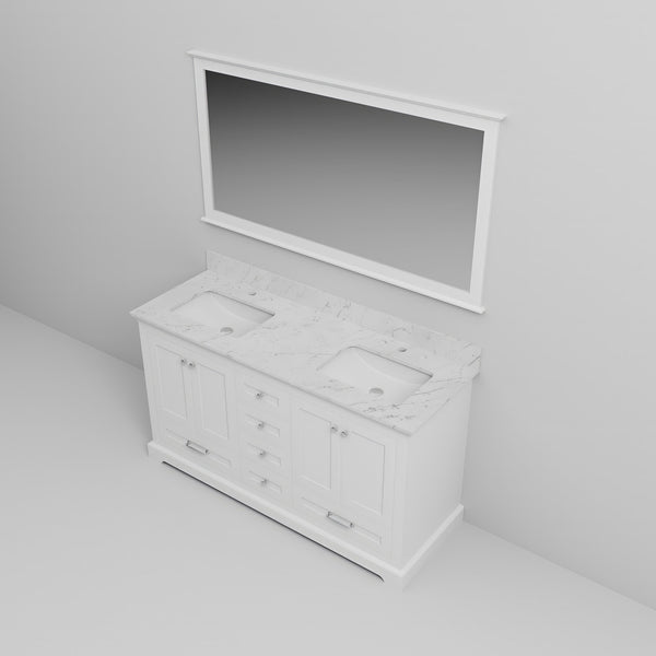 English Elm White Double Bath Vanity 60 in with Carrara Marble Top, 6 Drawers, Soft Close, 58 in Mirror Included B2731S00655