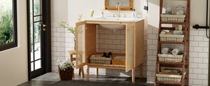 English Elm 30-inch bamboo bathroom vanity with handwoven rattan doors, soft-close hinges, ample storage beauty WF530472AAD