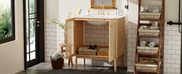 English Elm 30-inch bamboo bathroom vanity with handwoven rattan doors, soft-close hinges, ample storage beauty WF530472AAD