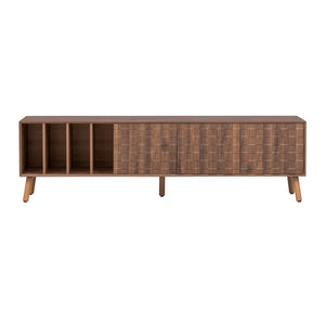 English Elm 70" Mid-Century Modern TV Stand with Lattice Wood Grain, 3 Cabinets & 4 Open Shelves, Walnut Elegance N710P222773P