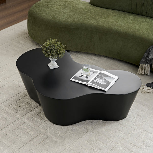English Elm 50 Inch Sculptural Fiberglass Coffee Table Gloss Black Organic Shape for Living Room W876P400326
