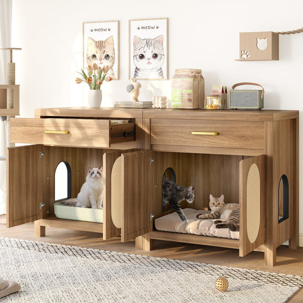 English Elm Cat Litter Box Cabinet with Sisal Doors Storage Drawer and Nightstand Surface N704P379111P