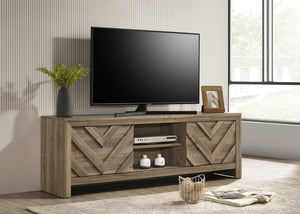 English Elm 1pc Rustic Chevron TV Stand 71.2" - Warm Wood Entertainment Console with Geometric Doors, Ample Storage B2741P383312