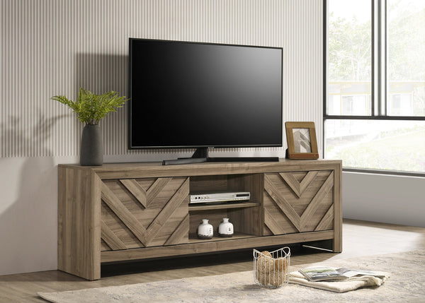 English Elm 1pc Rustic Chevron TV Stand 71.2" - Warm Wood Entertainment Console with Geometric Doors, Ample Storage B2741P383312