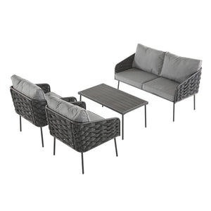 English Elm Christopher Knight Home® - 4-Pieces Outdoor Metal Patio Furniture Set with Deep-Seat Cushions, Teslin Rope, Wood-Look Tabletop, Rust-Resistant Frame Grey N780P2540701G