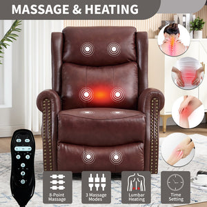 English Elm Heat Massage Rocker Swivel Recliner Genuine Leather Chair with Lumbar Vibration Nodes W3224S00014