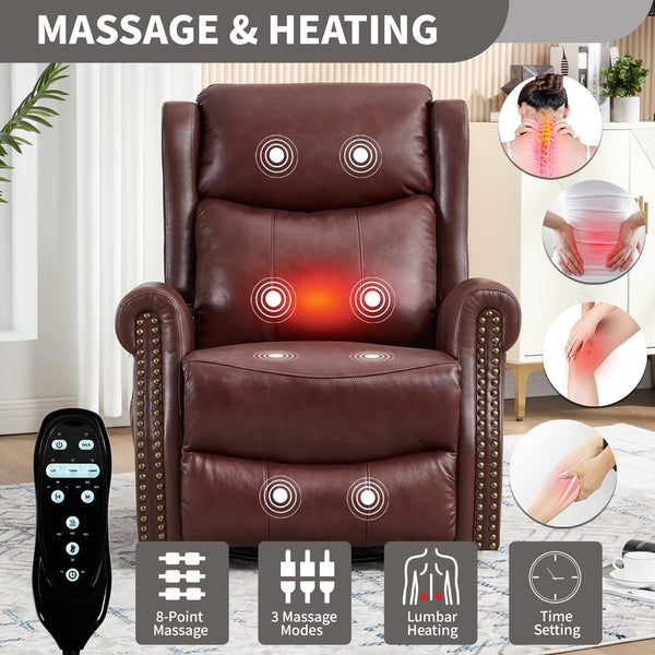 English Elm Heat Massage Rocker Swivel Recliner Genuine Leather Chair with Lumbar Vibration Nodes W3224S00014