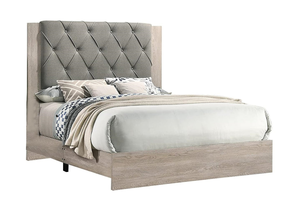 English Elm Contemporary Cream Finish Queen Bed With Gray Tufted Headboard - Stylish Rubberwood Frame Design B011P236790