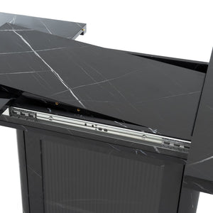 English Elm 47.24"-63"Modern Rectangle Dining Table with Extendable Top, Printed Marble Look, Sturdy Steel Base & Storage Black W757P331963