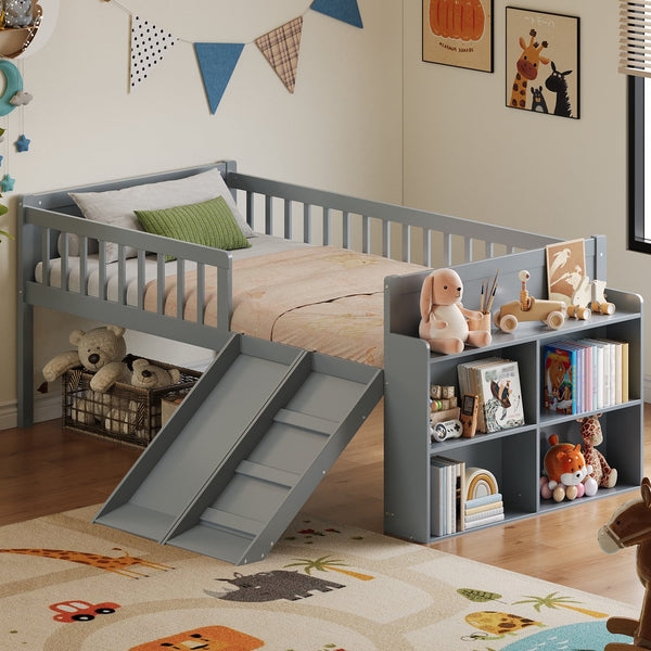 English Elm Twin Platform Kids Bed with Slide Ladder Guardrails Storage Shelf Wood Frame Gray N733S415411E