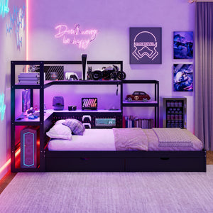English Elm Twin Gaming Daybed with Led Strips Desk Pegboard Bookcase and Three Storage Drawers Purple+Black N820S00083I