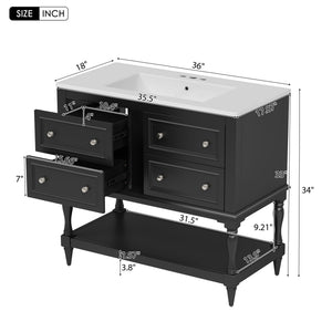 English Elm 36'' Modern Bathroom Vanity with Ceramic Sink and Medicine Cabinet, Solid Wood Frame, 4 Drawers, Waterproof Finish Black SW000138AAB-1