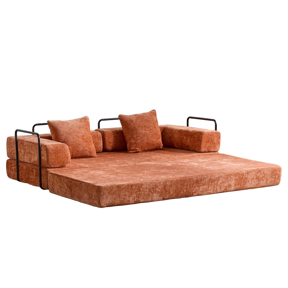English Elm Floor Couch - Stylish Convertible Futon Sofa Bed With Armrests & Pillow Support In Orange Chenille W3723P344022