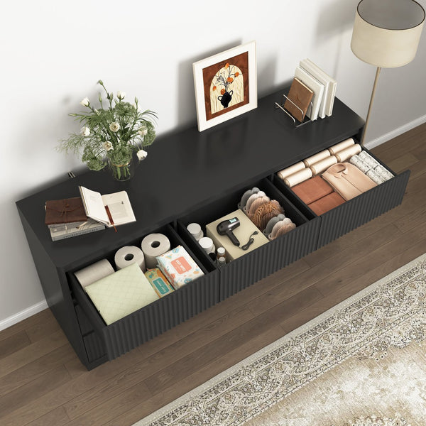 English Elm 9 Drawer Mid Century Wood Dresser Low Profile Matte Finish Bedroom Storage Cabinet Black W409S00011