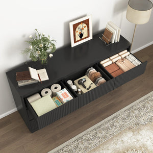 English Elm 9 Drawer Matte Wood Dresser with Wave Front Mid Century Modern Low Profile Storage Black W409P387577