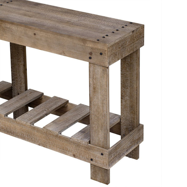 English Elm U_Style 62.9" Vintage Console Table - Solid Fir Wood, Antique Metal Rivets & Under-Shelf Storage Option N711P289135O-GIGA