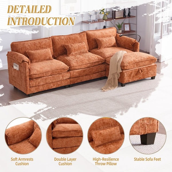 English Elm United Oversized Sectional Sofa With Movable Ottoman, Usb Ports & Modern Chenille For Cozy Living Spaces W1568S00188-GIGA