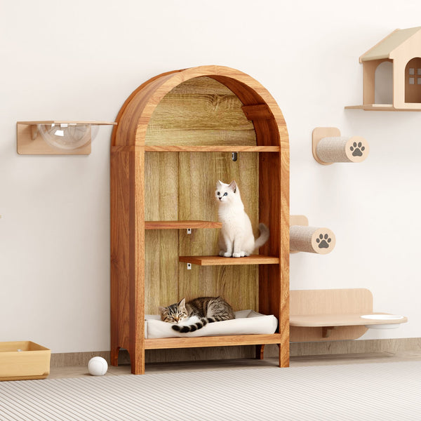 English Elm 4-tier Arched Freestanding Bookcase with Lattice Doors Open Display and Cabinet Storage W3123P485377