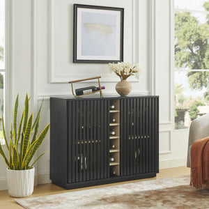 English Elm Mid Century Fluted Buffet Sideboard with Integrated Wine Rack and Glass Holder Storage Black W1801P454198