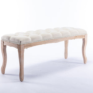English Elm Bedroom Bench Tufted Linen Seat with Carved Distressed Wood Legs French Country Style Beige W3244P493647