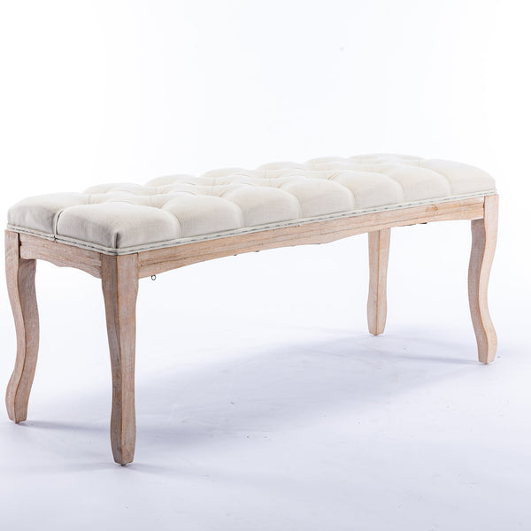 English Elm Bedroom Bench Tufted Linen Seat with Carved Distressed Wood Legs French Country Style Beige W3244P493647