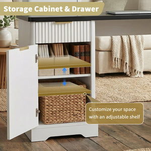 English Elm 59" Fluted Oak L-shaped Corner Desk with Charging Station Monitor Stand and File Storage White W2917S00004