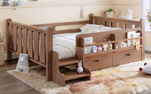 English Elm Twin Kids Platform Bed with Trundle Staircase Bookshelf and Rounded Safety Rails Natural W1580S00540